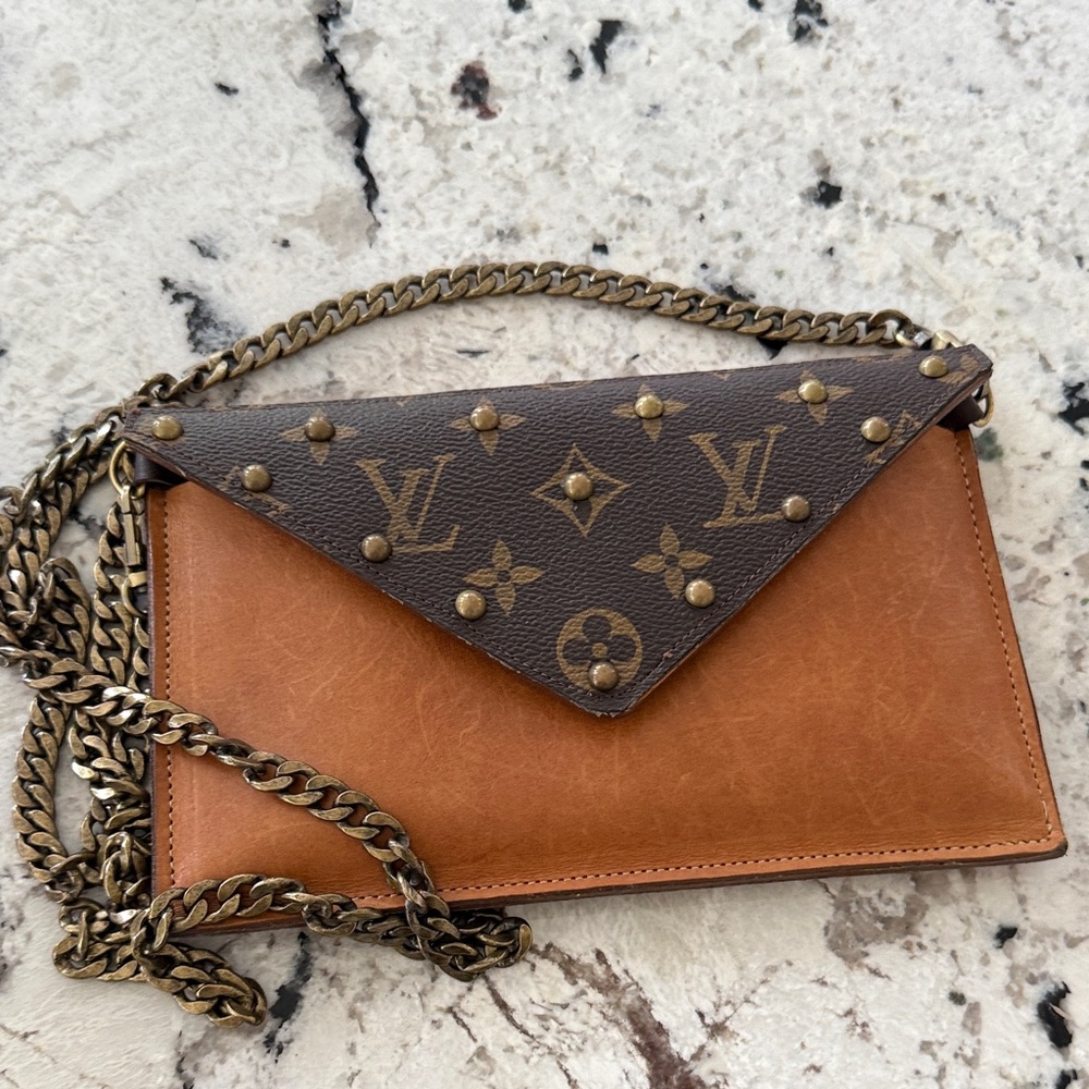 Upcycled Louis Vuitton Brown and Tan Clutch with Chain